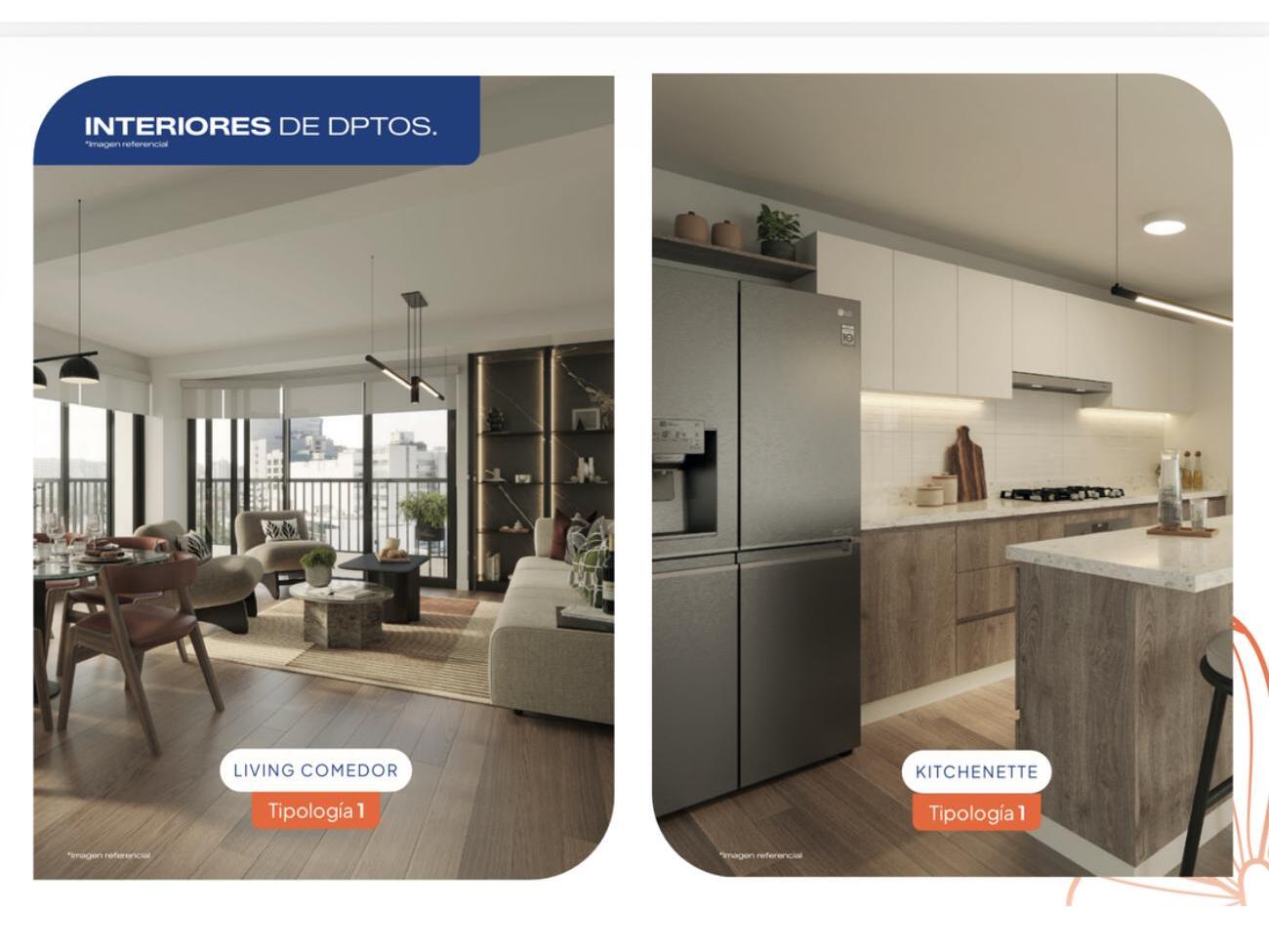 Blossoms — Interiores: living comedor y kitchenette